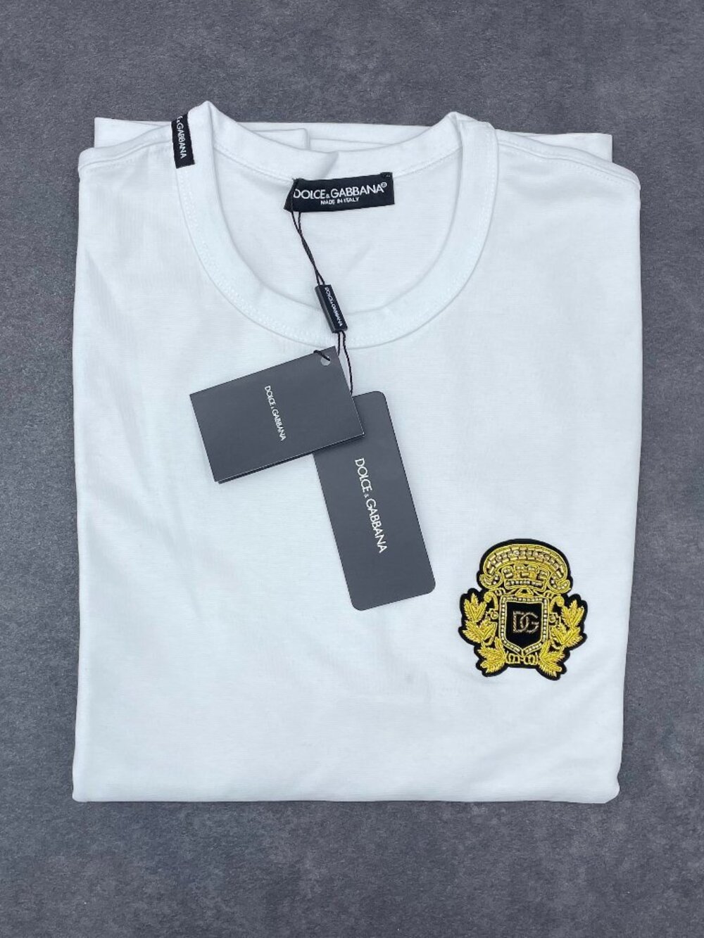 Dolce & Gabbana Men’s White Gold Crest Logo T-Shirt- Size 54 (XXL)